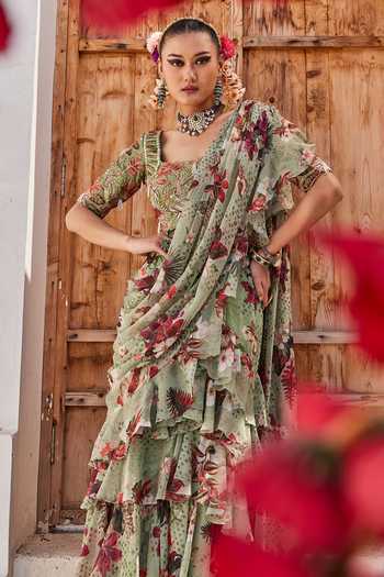 Anu Pellakuru_Green Silk, Chiffon Square Neck Sufi Printed Pre-draped Ruffle Saree With Blouse _Online_at_Aza_Fashions