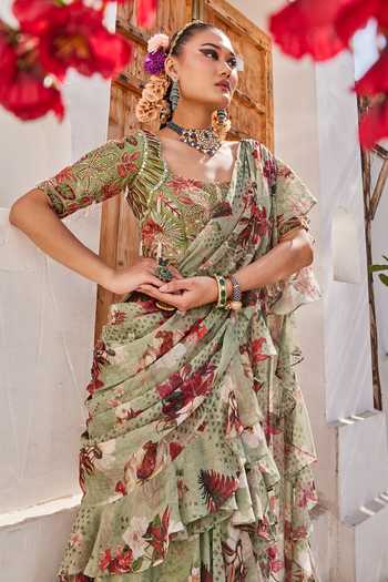 Buy_Anu Pellakuru_Green Silk, Chiffon Square Neck Sufi Printed Pre-draped Ruffle Saree With Blouse _Online_at_Aza_Fashions