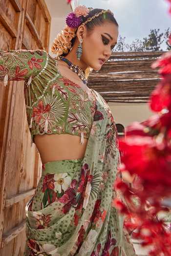 Shop_Anu Pellakuru_Green Silk, Chiffon Square Neck Sufi Printed Pre-draped Ruffle Saree With Blouse _Online_at_Aza_Fashions