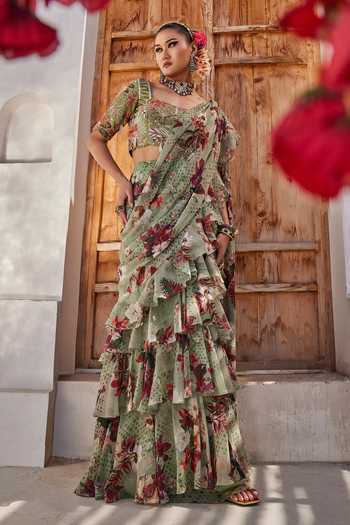 Anu Pellakuru_Green Silk, Chiffon Square Neck Sufi Printed Pre-draped Ruffle Saree With Blouse _at_Aza_Fashions