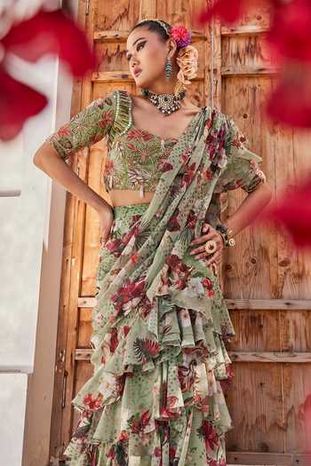 Buy_Anu Pellakuru_Green Silk, Chiffon Square Neck Sufi Printed Pre-draped Ruffle Saree With Blouse 