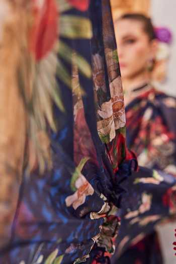 Anu Pellakuru_Navy Silk, Chiffon Round Neck Zeenat Printed Pre-draped Ruffle Saree With Blouse _Online_at_Aza_Fashions