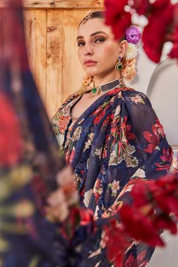 Buy_Anu Pellakuru_Navy Silk, Chiffon Round Neck Zeenat Printed Pre-draped Ruffle Saree With Blouse _Online_at_Aza_Fashions