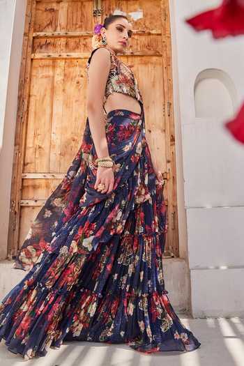 Shop_Anu Pellakuru_Navy Silk, Chiffon Round Neck Zeenat Printed Pre-draped Ruffle Saree With Blouse _Online_at_Aza_Fashions