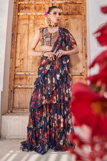 Anu Pellakuru Zeenat Printed Pre-Draped Ruffle Saree With Blouse 