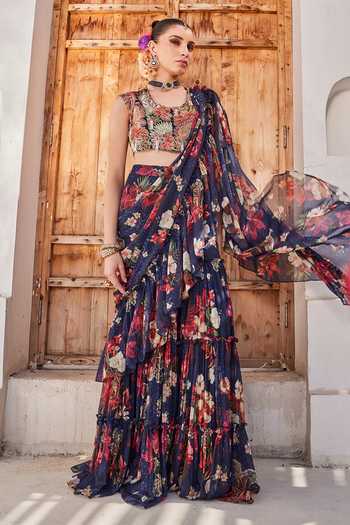 Anu Pellakuru_Navy Silk, Chiffon Round Neck Zeenat Printed Pre-draped Ruffle Saree With Blouse _at_Aza_Fashions