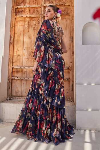 Anu Pellakuru Zeenat Printed Pre-Draped Ruffle Saree With Blouse 