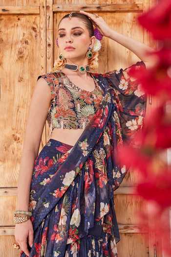 Buy_Anu Pellakuru_Navy Silk, Chiffon Round Neck Zeenat Printed Pre-draped Ruffle Saree With Blouse 