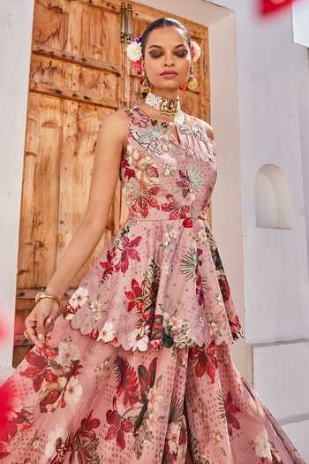 Anu Pellakuru_Pink Crepe, Chiffon Mandarin Collar Saanjh Floral Print Peplum Top And Palazzo Set _Online_at_Aza_Fashions