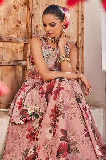 Buy_Anu Pellakuru_Pink Crepe, Chiffon Mandarin Collar Saanjh Floral Print Peplum Top And Palazzo Set _Online_at_Aza_Fashions