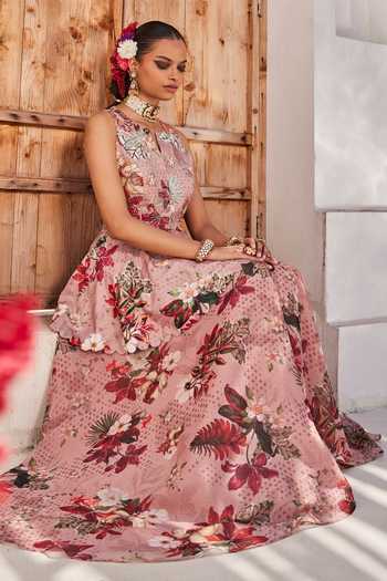 Shop_Anu Pellakuru_Pink Crepe, Chiffon Mandarin Collar Saanjh Floral Print Peplum Top And Palazzo Set _Online_at_Aza_Fashions