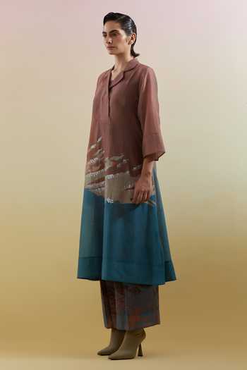 Clos Blue Silk, Linen, Cotton Notched Neck Gliss Print Kurta And Pant Set Online at Aza Fashions Clos_Blue Silk, Linen, Cotton Notched Neck Gliss Print Kurta And Pant Set _Online_at_Aza_Fashions