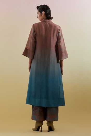 Shop Clos Blue Silk, Linen, Cotton Notched Neck Gliss Print Kurta And Pant Set at Aza Fashions Shop_Clos_Blue Silk, Linen, Cotton Notched Neck Gliss Print Kurta And Pant Set _at_Aza_Fashions