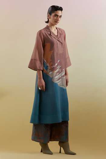 Shop Clos Blue Silk, Linen, Cotton Notched Neck Gliss Print Kurta And Pant Set Online at Aza Fashions Shop_Clos_Blue Silk, Linen, Cotton Notched Neck Gliss Print Kurta And Pant Set _Online_at_Aza_Fashions