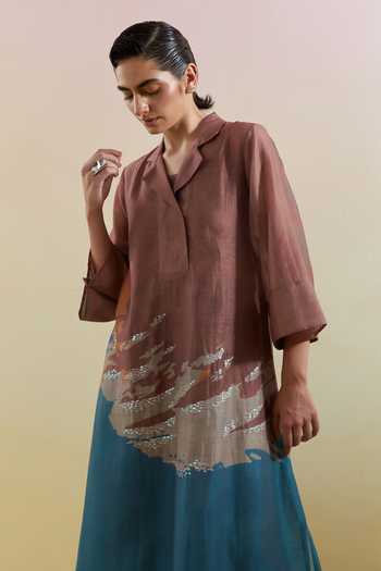 Clos Blue Silk, Linen, Cotton Notched Neck Gliss Print Kurta And Pant Set at Aza Fashions Clos_Blue Silk, Linen, Cotton Notched Neck Gliss Print Kurta And Pant Set _at_Aza_Fashions