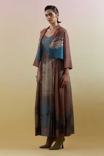 Clos_Blue Silk, Linen Sweetheart , Open Gliss Brown And Jacket With Dress _Online_at_Aza_Fashions