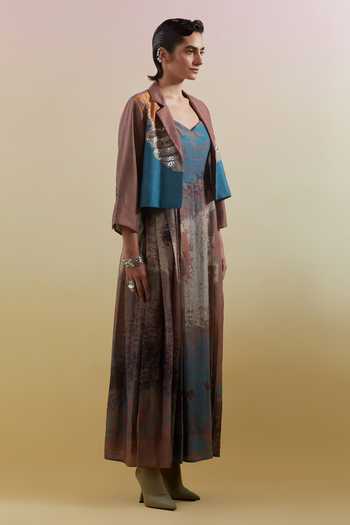 Buy_Clos_Blue Silk, Linen Sweetheart , Open Gliss Brown And Jacket With Dress _Online_at_Aza_Fashions