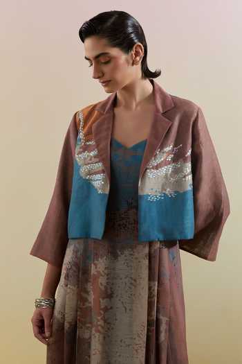 Shop_Clos_Blue Silk, Linen Sweetheart , Open Gliss Brown And Jacket With Dress _Online_at_Aza_Fashions