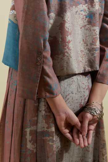 Clos_Blue Silk, Linen Sweetheart , Open Gliss Brown And Jacket With Dress _at_Aza_Fashions