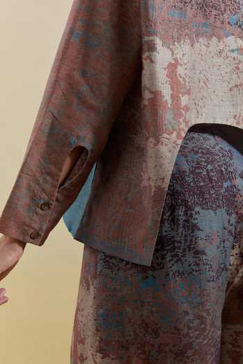 Shop Clos Blue Silk, Linen Sweetheart Neck, Collared Gliss Asymmetrical Jacket Pant Set Shop_Clos_Blue Silk, Linen Sweetheart Neck, Collared Gliss Asymmetrical Jacket Pant Set