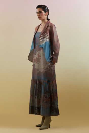 Clos_Blue Silk, Linen Open , Square Gliss Asymmetrical Jacket With Dress _Online_at_Aza_Fashions