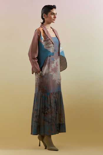 Buy_Clos_Blue Silk, Linen Open , Square Gliss Asymmetrical Jacket With Dress _Online_at_Aza_Fashions