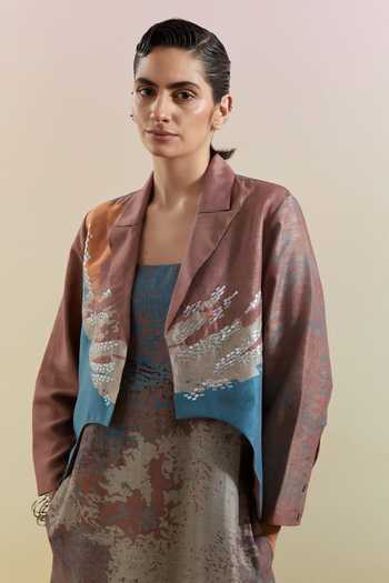 Shop_Clos_Blue Silk, Linen Open , Square Gliss Asymmetrical Jacket With Dress _Online_at_Aza_Fashions