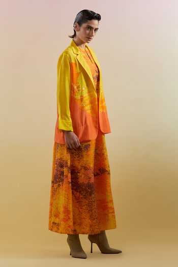 Clos_Yellow Silk, Linen High Neck, Keyhole Neck, Gliss Ombre Jacket With Dress _Online_at_Aza_Fashions