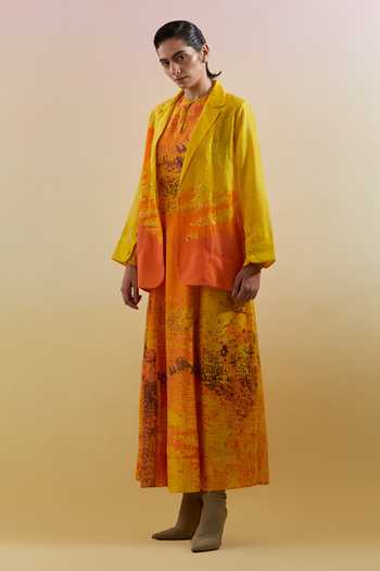 Buy_Clos_Yellow Silk, Linen High Neck, Keyhole Neck, Gliss Ombre Jacket With Dress _Online_at_Aza_Fashions