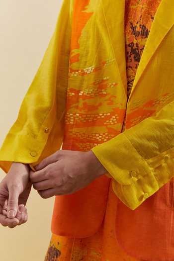 Shop_Clos_Yellow Silk, Linen High Neck, Keyhole Neck, Gliss Ombre Jacket With Dress _Online_at_Aza_Fashions