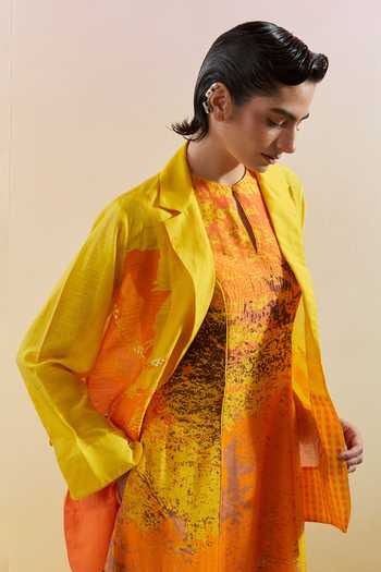 Buy_Clos_Yellow Silk, Linen High Neck, Keyhole Neck, Gliss Ombre Jacket With Dress 