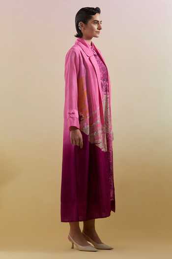 Clos_Pink Silk, Linen Collared Gliss Print Dress With Jacket _Online_at_Aza_Fashions