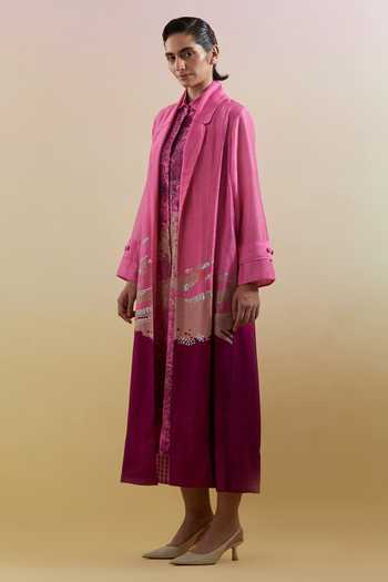 Buy_Clos_Pink Silk, Linen Collared Gliss Print Dress With Jacket _Online_at_Aza_Fashions