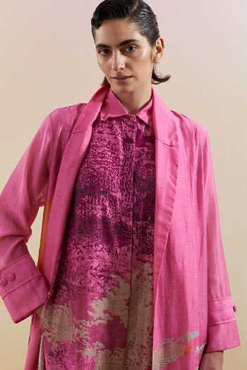 Shop_Clos_Pink Silk, Linen Collared Gliss Print Dress With Jacket _Online_at_Aza_Fashions