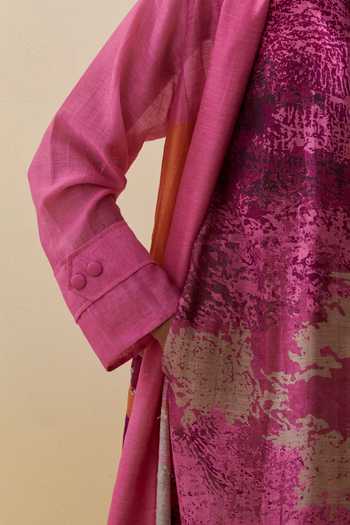 Clos_Pink Silk, Linen Collared Gliss Print Dress With Jacket _at_Aza_Fashions