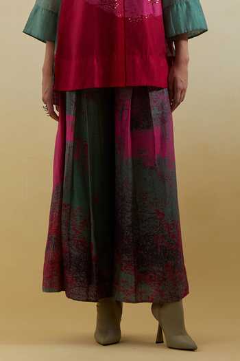 Clos Pink Silk, Linen, Cotton Collared Gliss Printed Shirt And Palazzo Set Online at Aza Fashions Clos_Pink Silk, Linen, Cotton Collared Gliss Printed Shirt And Palazzo Set _Online_at_Aza_Fashions