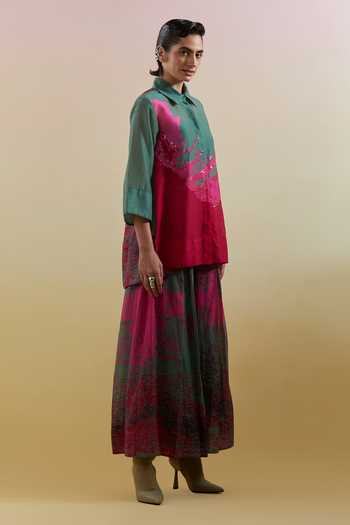 Buy Clos Pink Silk, Linen, Cotton Collared Gliss Printed Shirt And Palazzo Set Online at Aza Fashions Buy_Clos_Pink Silk, Linen, Cotton Collared Gliss Printed Shirt And Palazzo Set _Online_at_Aza_Fashions