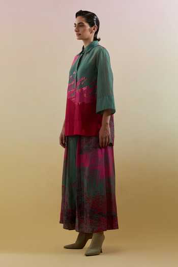 Shop Clos Pink Silk, Linen, Cotton Collared Gliss Printed Shirt And Palazzo Set Online at Aza Fashions Shop_Clos_Pink Silk, Linen, Cotton Collared Gliss Printed Shirt And Palazzo Set _Online_at_Aza_Fashions