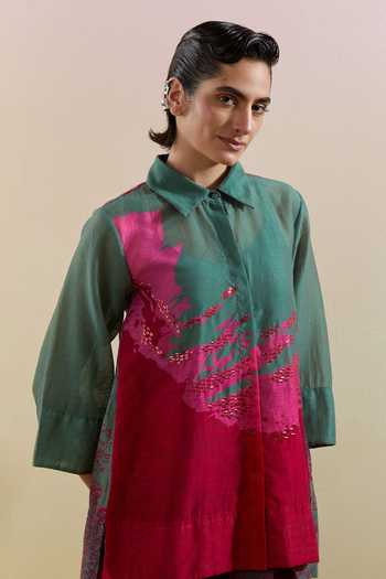 Clos Pink Silk, Linen, Cotton Collared Gliss Printed Shirt And Palazzo Set at Aza Fashions Clos_Pink Silk, Linen, Cotton Collared Gliss Printed Shirt And Palazzo Set _at_Aza_Fashions