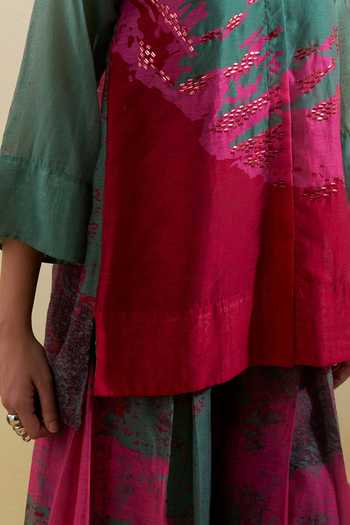 Buy Clos Pink Silk, Linen, Cotton Collared Gliss Printed Shirt And Palazzo Set Buy_Clos_Pink Silk, Linen, Cotton Collared Gliss Printed Shirt And Palazzo Set