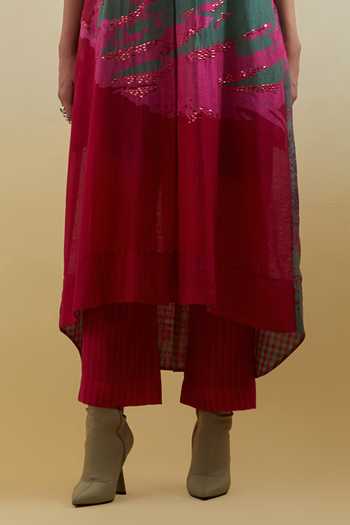 Clos_Pink Silk, Cotton, Linen Collared Gliss Printed Shirt Tunic And Pant Set _Online_at_Aza_Fashions