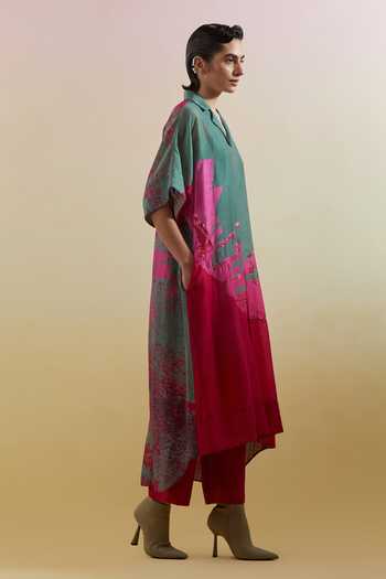 Buy_Clos_Pink Silk, Cotton, Linen Collared Gliss Printed Shirt Tunic And Pant Set _Online_at_Aza_Fashions