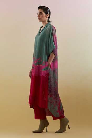Shop_Clos_Pink Silk, Cotton, Linen Collared Gliss Printed Shirt Tunic And Pant Set _Online_at_Aza_Fashions
