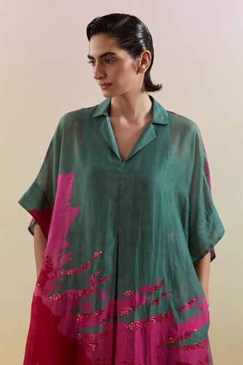 Clos_Pink Silk, Cotton, Linen Collared Gliss Printed Shirt Tunic And Pant Set _at_Aza_Fashions