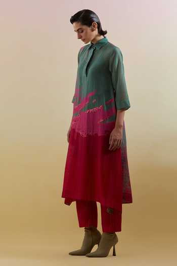 Buy Clos Pink Silk, Linen, Cotton Collared, Yes Gliss Printed Kurta And Pant Set Online at Aza Fashions Buy_Clos_Pink Silk, Linen, Cotton Collared, Yes Gliss Printed Kurta And Pant Set _Online_at_Aza_Fashions