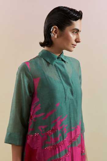 Shop Clos Pink Silk, Linen, Cotton Collared, Yes Gliss Printed Kurta And Pant Set Online at Aza Fashions Shop_Clos_Pink Silk, Linen, Cotton Collared, Yes Gliss Printed Kurta And Pant Set _Online_at_Aza_Fashions