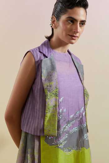 Clos_Green Silk, Linen, Cotton High , Open Gliss Printed Jacket Palazzo Set _Online_at_Aza_Fashions