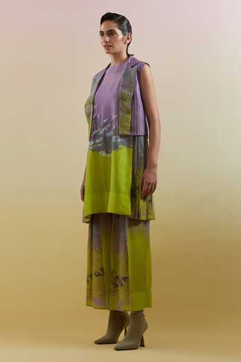Buy_Clos_Green Silk, Linen, Cotton High , Open Gliss Printed Jacket Palazzo Set _Online_at_Aza_Fashions