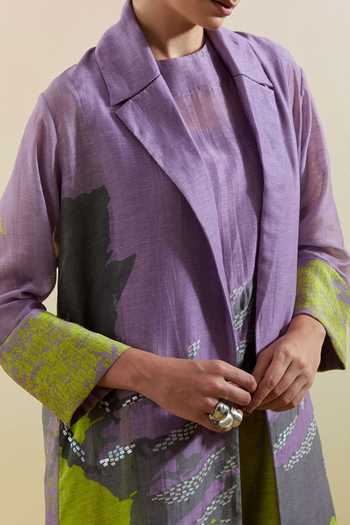 Clos_Purple Silk, Linen, Cotton High Neck, Shawl Gliss Printed Jacket Palazzo Set _Online_at_Aza_Fashions