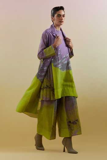 Shop_Clos_Purple Silk, Linen, Cotton High Neck, Shawl Gliss Printed Jacket Palazzo Set _Online_at_Aza_Fashions
